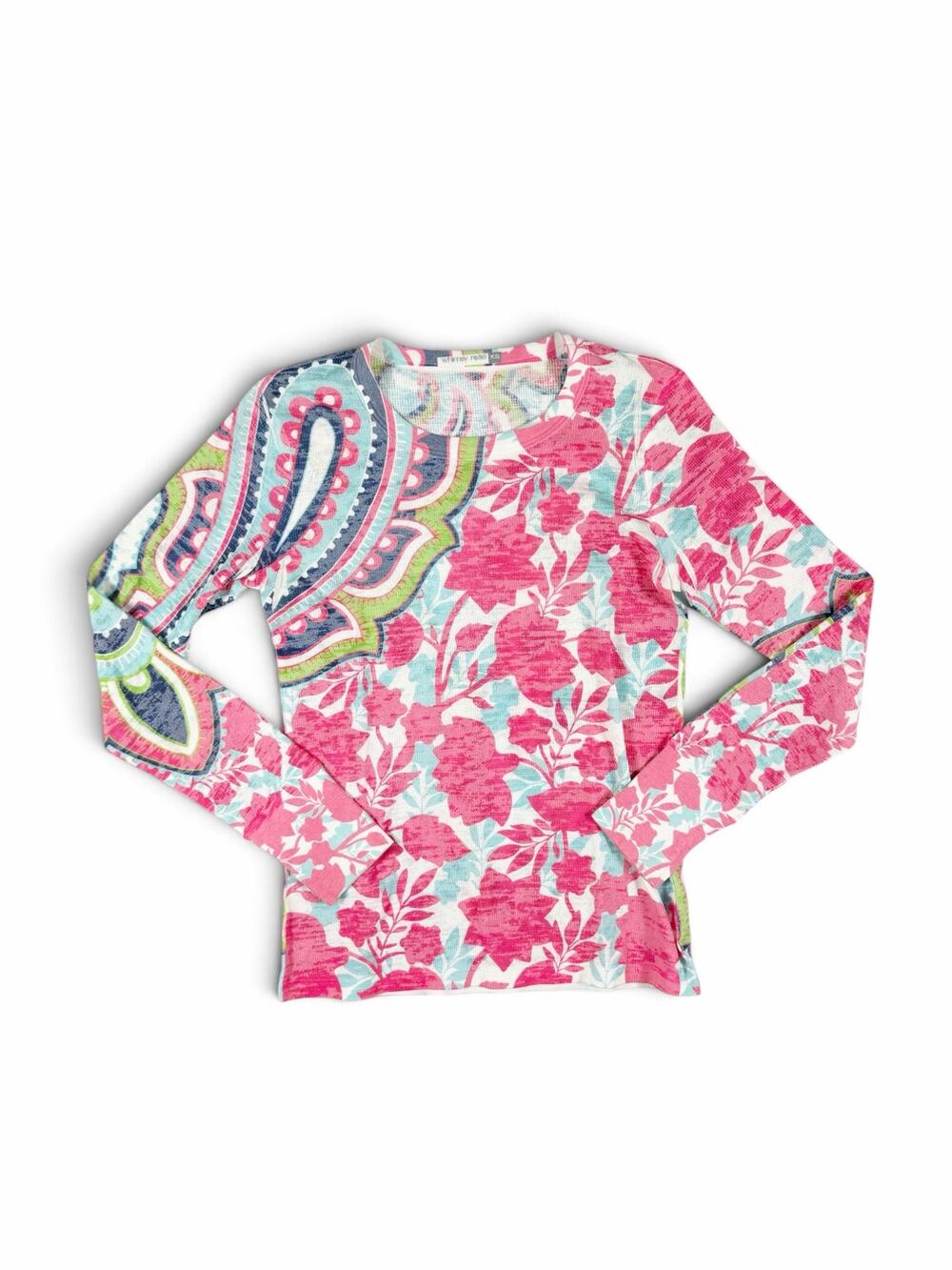 Whimsy Rose Baby Waffle Floral Paisley Long Sleeve Top Pink Blue XS